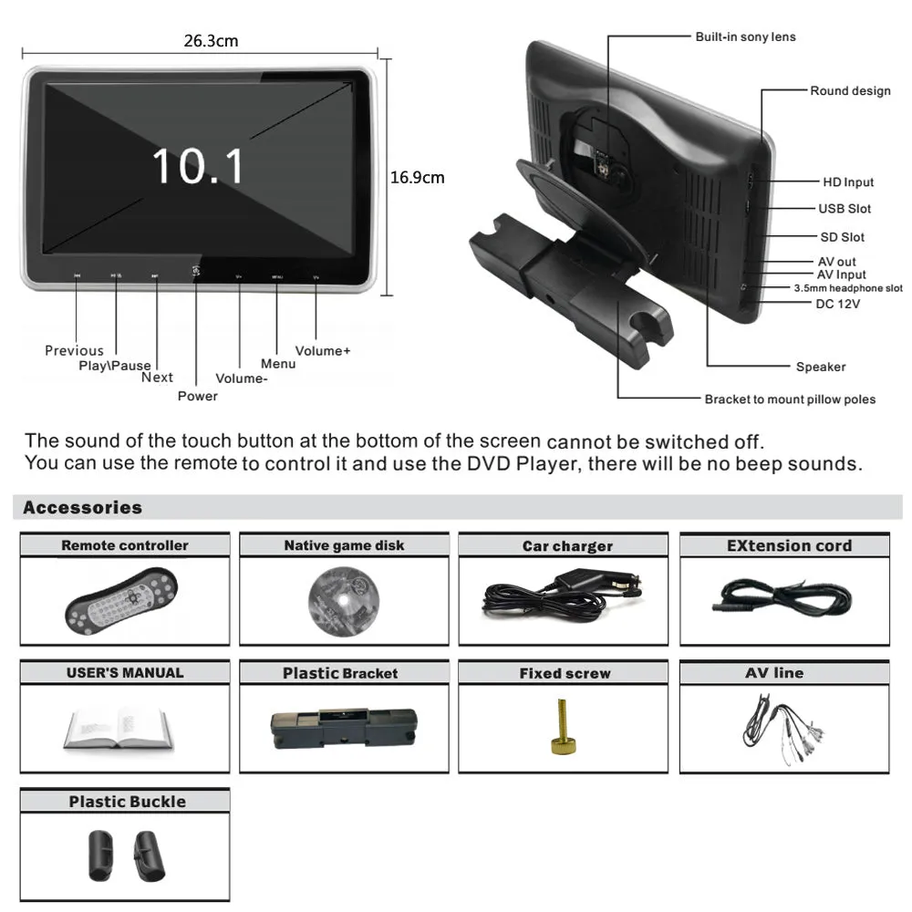 10.1 Inches Car Headrest DVD Player Auto Monitor Touch Button Built-in Speakers Support Game Disk FM IR HD Input SD Card Slot