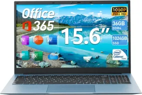 15.6 Inch Laptops, Windows 11 Laptop Computers with 36GB RAM 128GB EMMC 1024GB SSD, Celeron N5095 Quad-Core, Portable Notebook, 1 Year Office 365, 7000mAh Battery, WiFi 6, USB 3.2, HDMI, Type-C