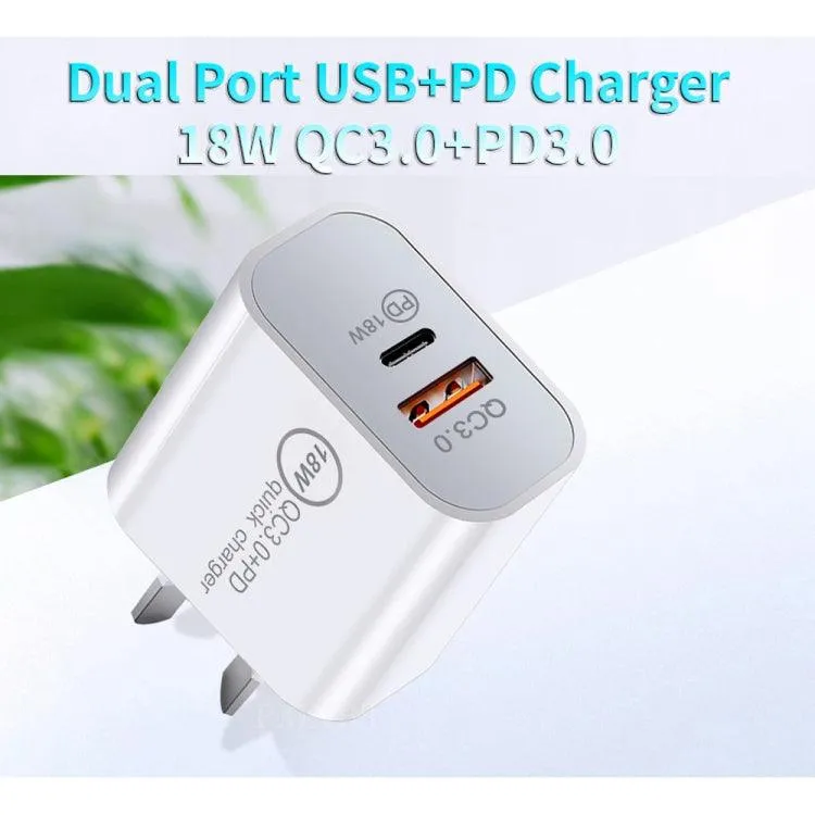 18W Dual Port Universal Travel Charger with PD   QC 3.0 and Fast Charging 8 Pin Cable, AU Plug