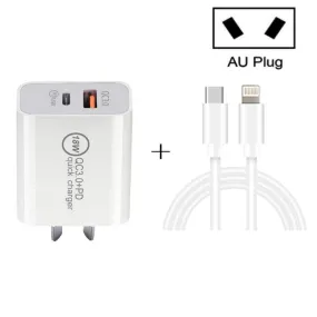 18W Dual Port Universal Travel Charger with PD   QC 3.0 and Fast Charging 8 Pin Cable, AU Plug