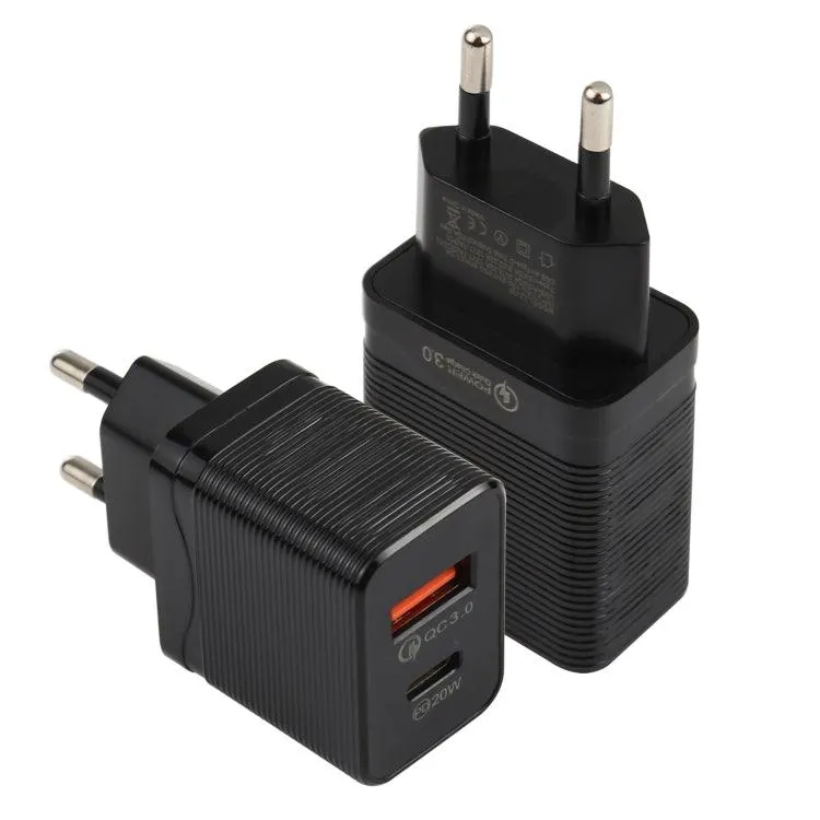 20W Dual-Port Fast Travel Charger with QC 3.0 & PD Support, EU Plug