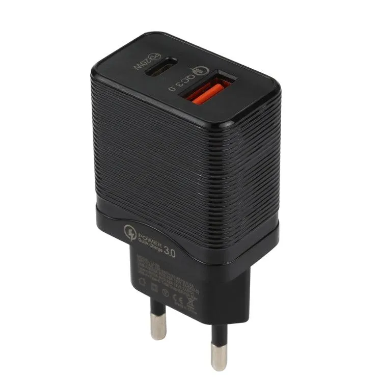 20W Dual-Port Fast Travel Charger with QC 3.0 & PD Support, EU Plug