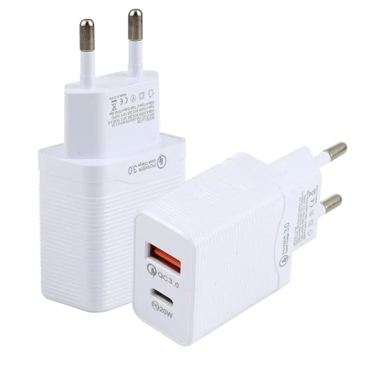 20W Dual-Port Fast Travel Charger with QC 3.0 & PD Support, EU Plug