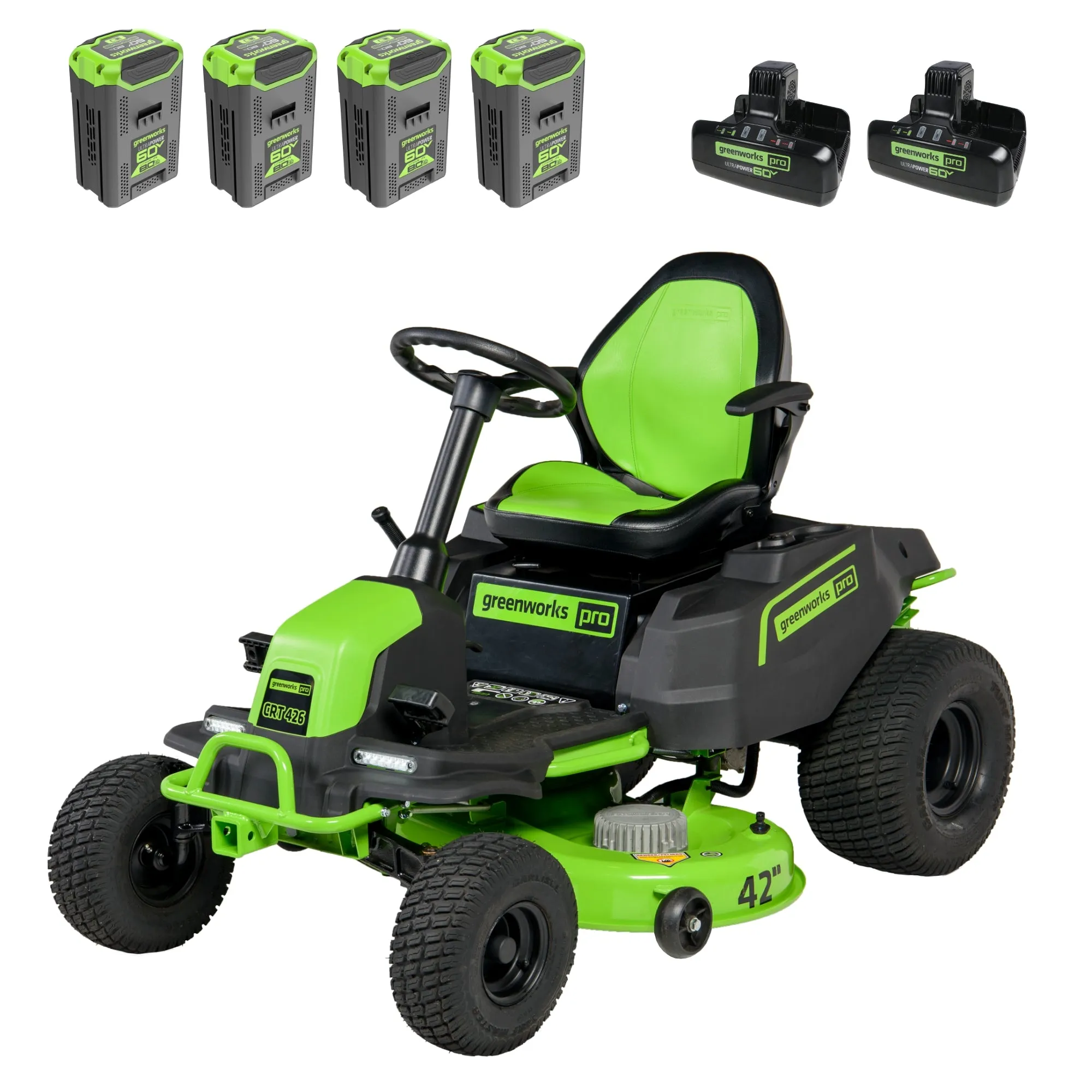 60V 42" Cordless Battery CrossoverT Riding Lawn Mower w/ Four (4) 8.0Ah Batteries and Two (2) Dual Port Turbo Chargers