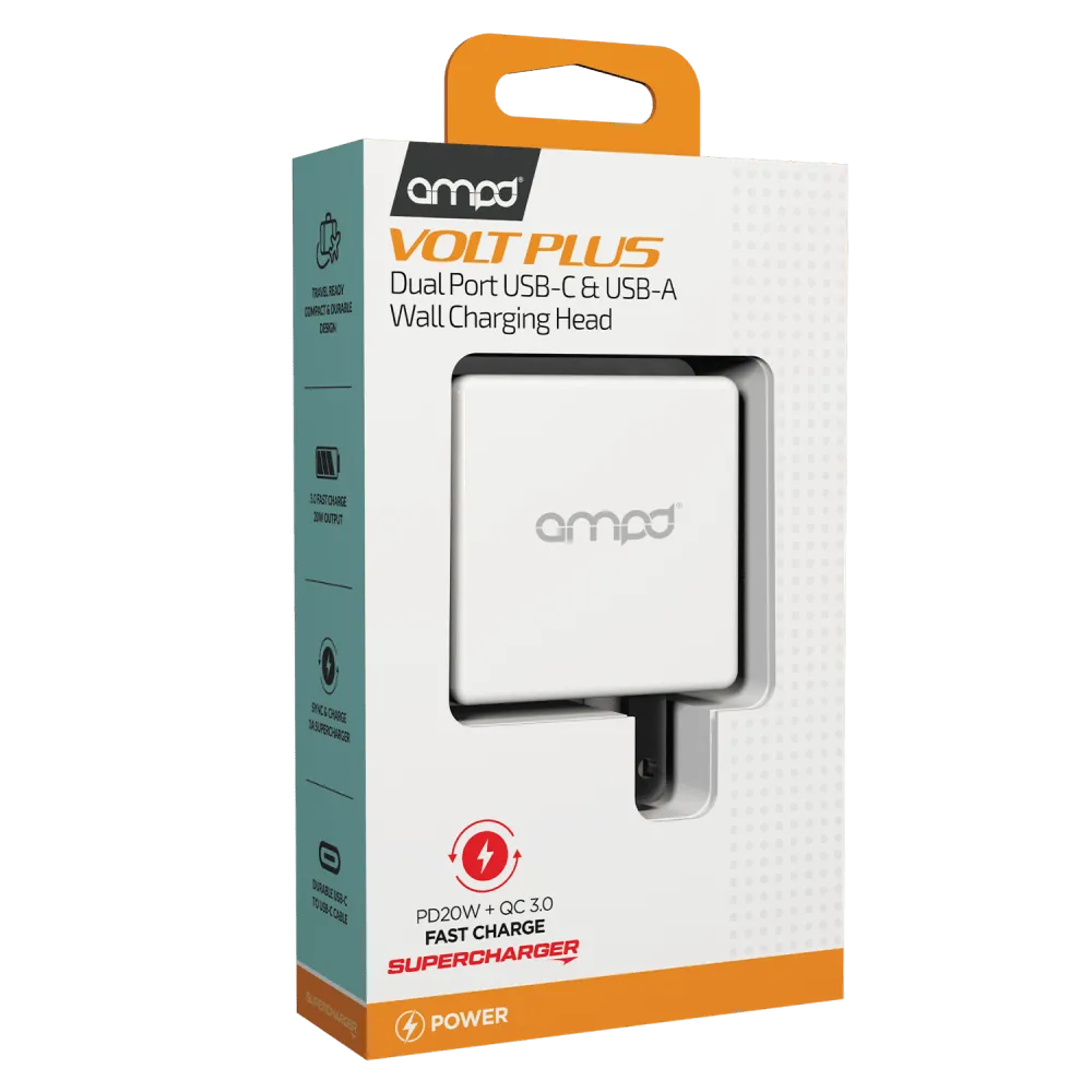 AMPD PD Fast 20W USB C and USB A Dual Port Wall Charger by AMPD