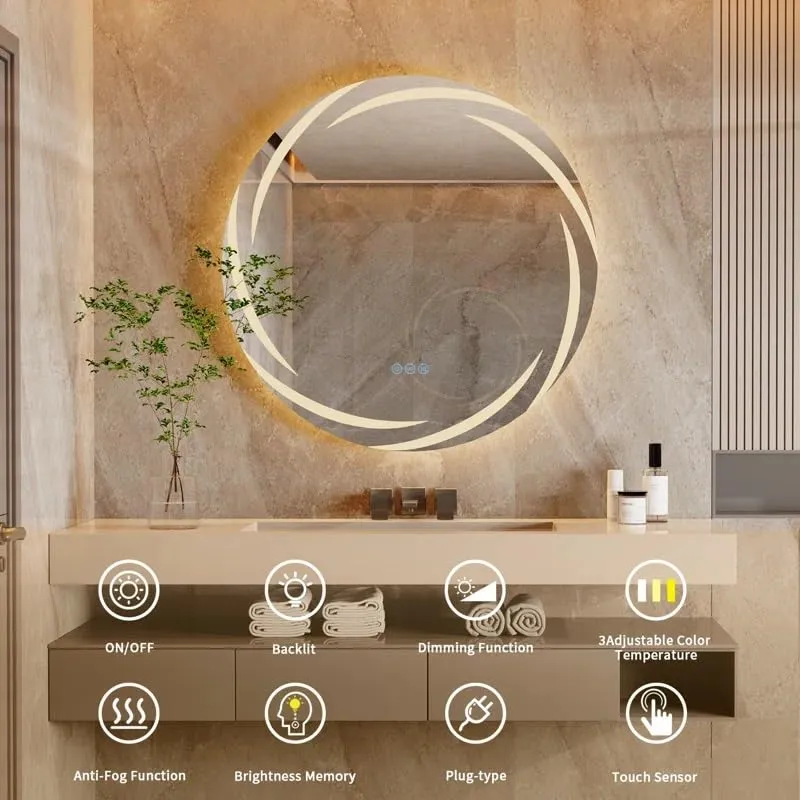 Artessa Designer Round LED Mirror with Defogger, Dimmer, 3-Colour LED for Bathroom (90 x 90 CM)