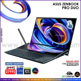 Asus ZenBook Pro Duo UX582ZM-XS96T Core i9-12900h Rtx 3060 Dual-Touchscreen Laptop (Brand New)