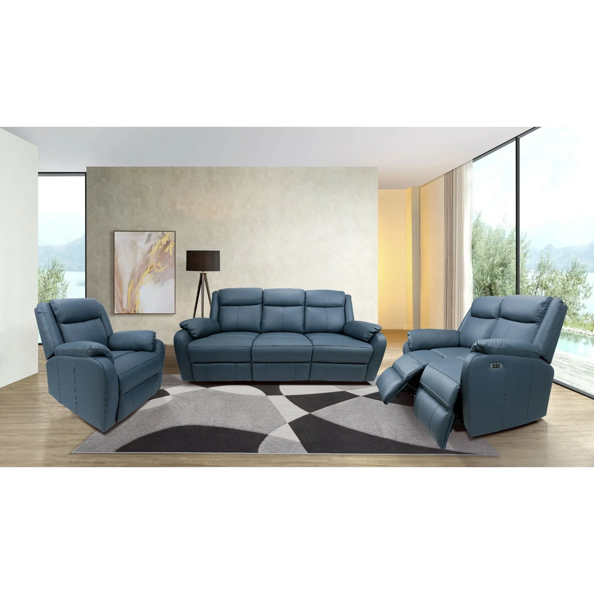 Blue Leather Electric Recliner Lounge Suite with USB Port