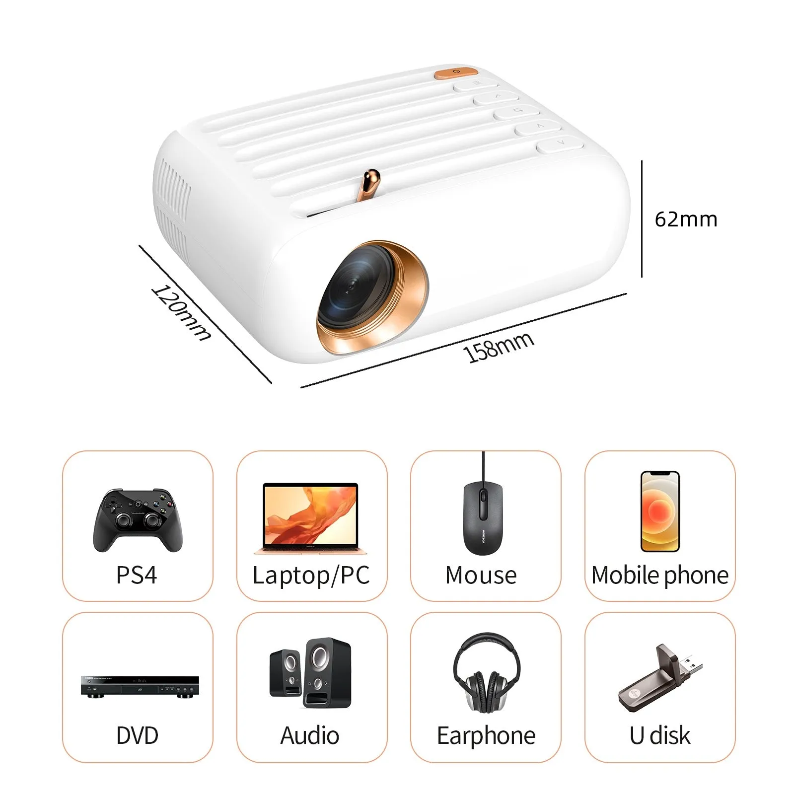 Bluetooth Full HD 1080P Supported Projector, Compatible with Phone, AV, HDMI, USB