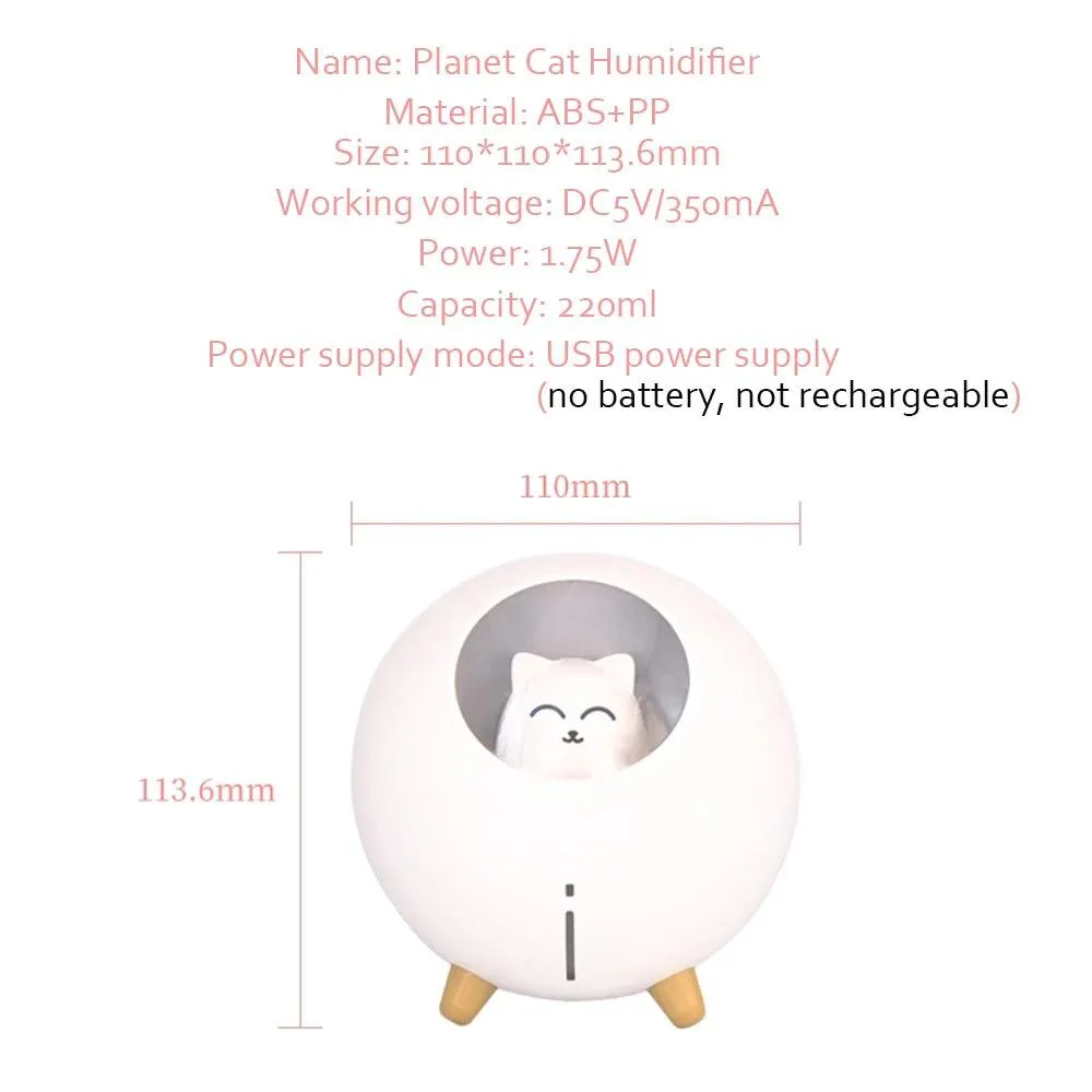 Charming Cat Design Ultrasonic Humidifier with Colorful LED Night Light and USB Compatibility