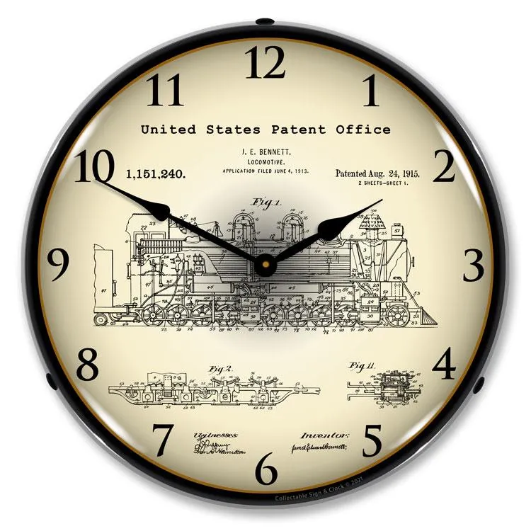 Collectable Sign and Clock - Bennett Locomotive 1913 Patent Clock