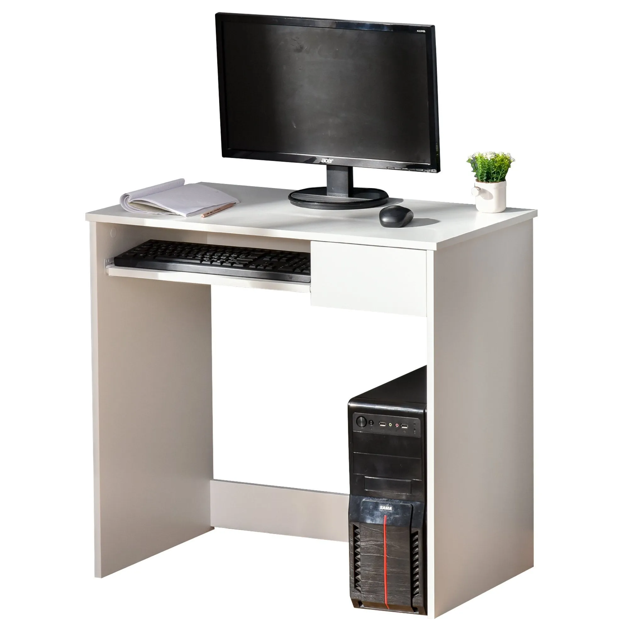 Compact Computer Table with Keyboard Tray Drawer Study Office Working Writing Desk - White