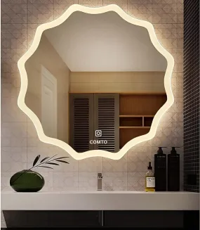 COMTO Mirror LED Mirror for Bathroom Washbasin Cloud Design Round Mirror with 3 Color Makeup Mirror White, Warm White, Natural White LED Light (18x18IN)