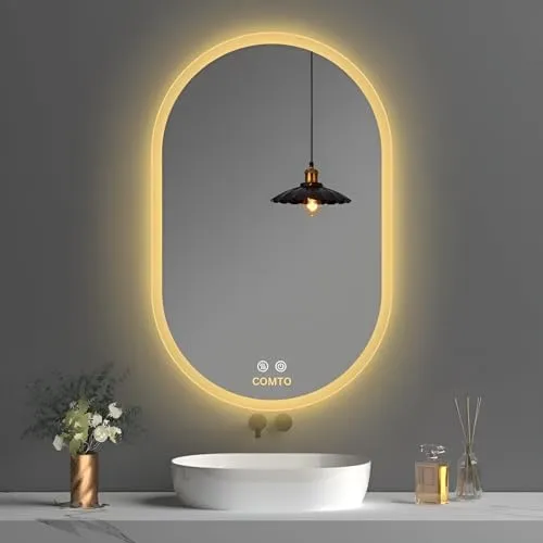 COMTO Mirror Oval LED Wall-Mounted Bathroom Vanity Mirror with Backlit LED Light, Dimmable, Anti-Fog, with 3 Color Makeup Mirror White, Warm White, Natural White (24X36IN) (60X91) CM