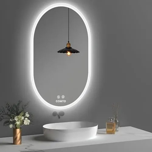 COMTO Mirror Oval LED Wall-Mounted Bathroom Vanity Mirror with Backlit LED Light, Dimmable, Anti-Fog, with 3 Color Makeup Mirror White, Warm White, Natural White (24X36IN) (60X91) CM