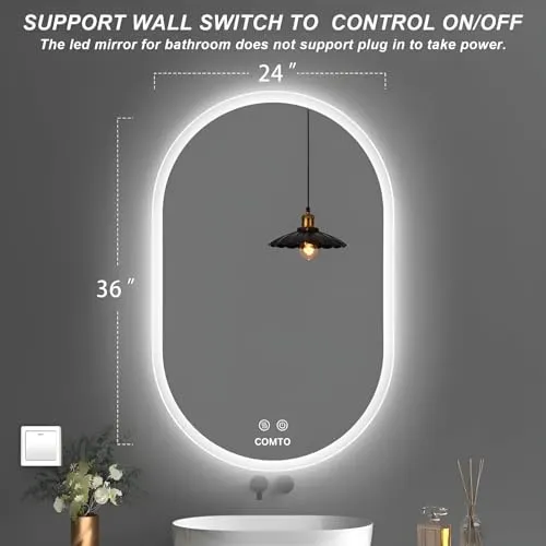 COMTO Mirror Oval LED Wall-Mounted Bathroom Vanity Mirror with Backlit LED Light, Dimmable, Anti-Fog, with 3 Color Makeup Mirror White, Warm White, Natural White (24X36IN) (60X91) CM