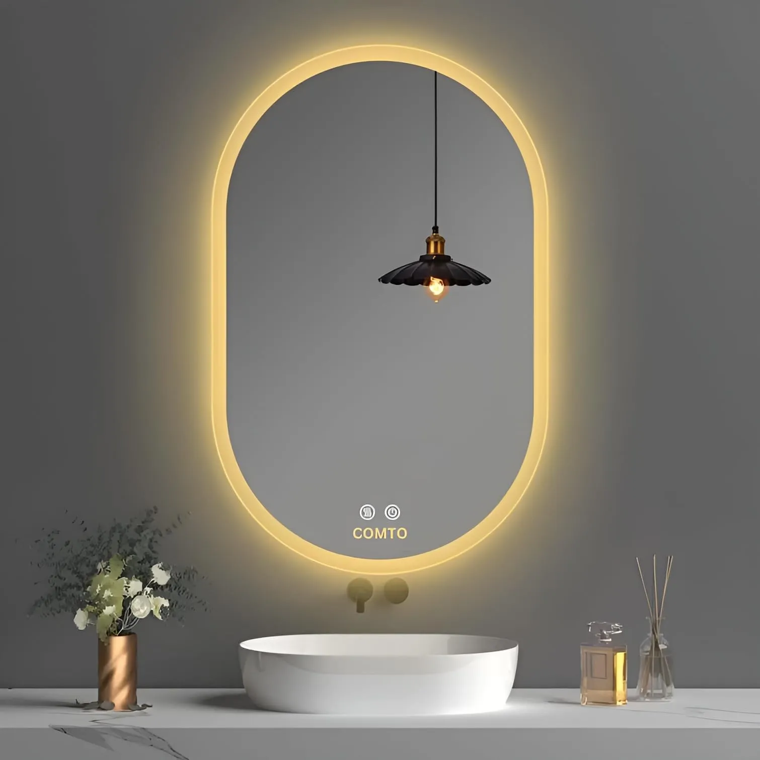 COMTO Mirror Oval LED Wall-Mounted Bathroom Vanity Mirror with Backlit LED Light, Dimmable, Anti-Fog, with 3 Color Makeup Mirror White, Warm White, Natural White (24X40IN) (60X101) CM