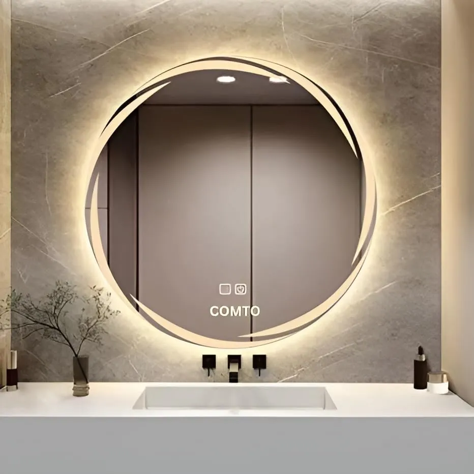 COMTO Round 28 Inch Bathroom Mirror, Wall Mounted, with Backlit LED Light Dimmable, Anti-Fog, Led Lighted with 3 Color Makeup Mirror (71 cm)