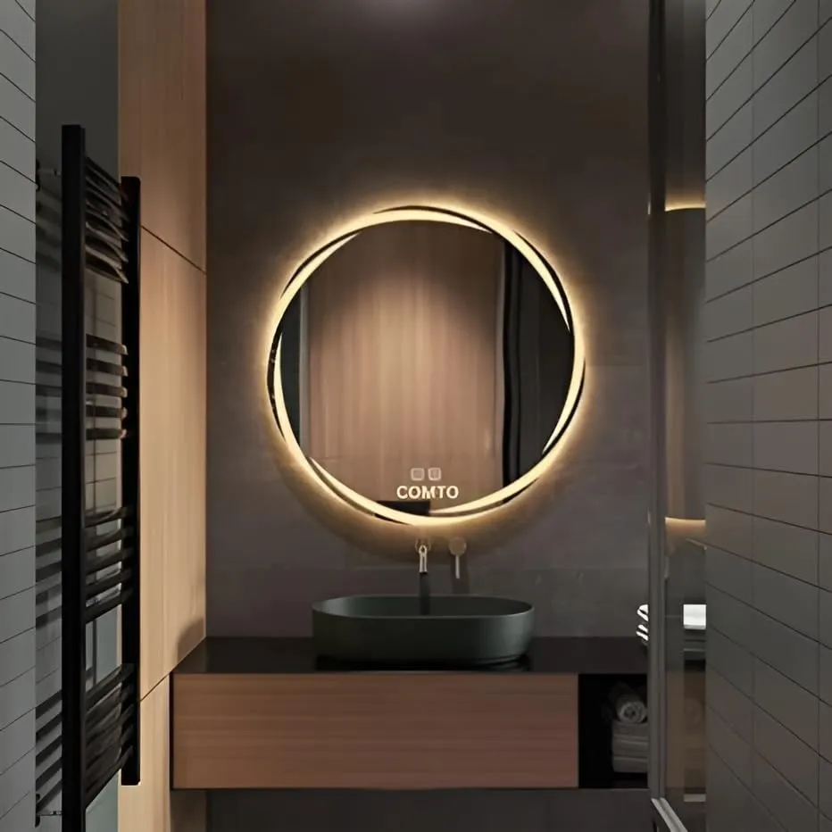 COMTO Round 28 Inch Bathroom Mirror, Wall Mounted, with Backlit LED Light Dimmable, Anti-Fog, Led Lighted with 3 Color Makeup Mirror (71 cm)