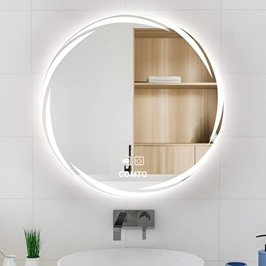 COMTO Round 28 Inch Bathroom Mirror, Wall Mounted, with Backlit LED Light Dimmable, Anti-Fog, Led Lighted with 3 Color Makeup Mirror (71 cm)