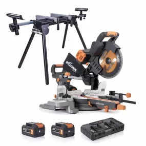 Evolution Cordless R255SMS-DB-Li Double Bevel Mitre Saw & Universal Stand Bundle