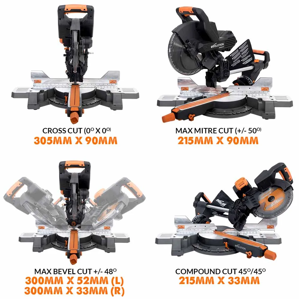 Evolution Cordless R255SMS-DB-Li Double Bevel Mitre Saw & Universal Stand Bundle