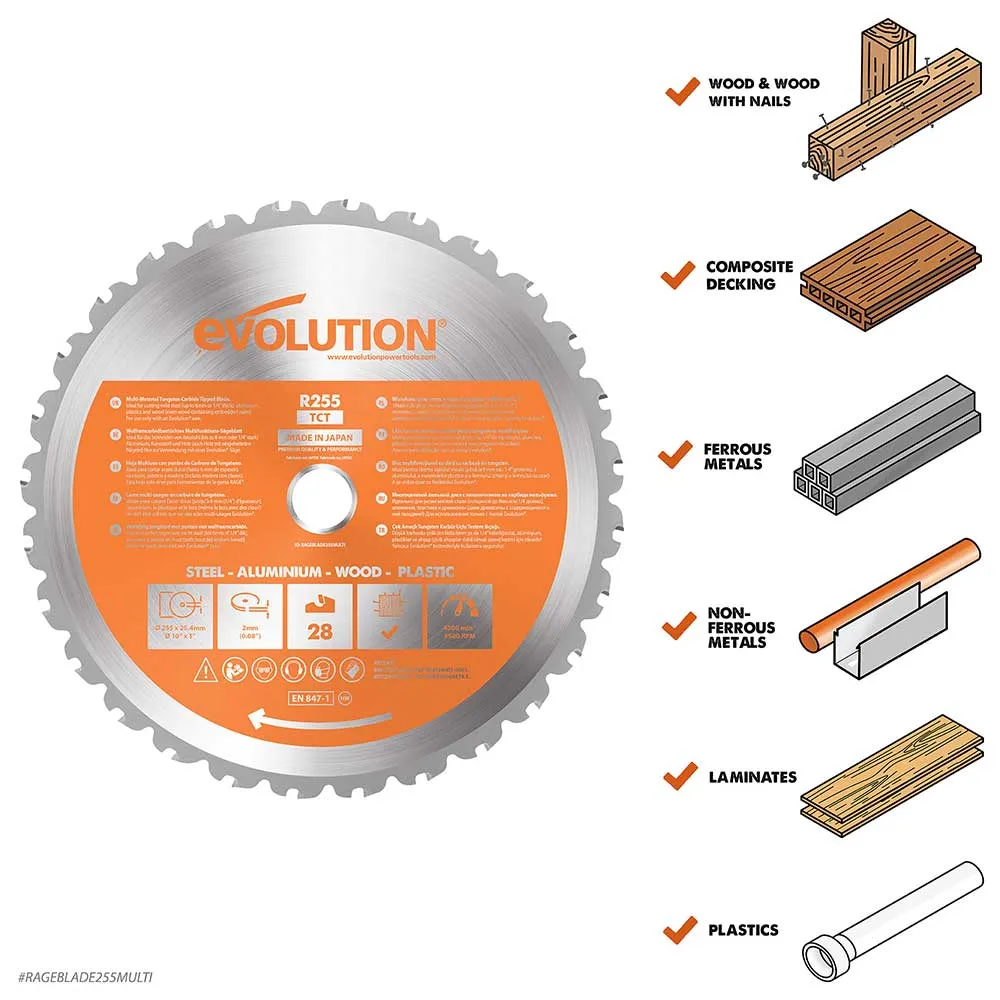 Evolution Cordless R255SMS-DB-Li Double Bevel Mitre Saw & Universal Stand Bundle