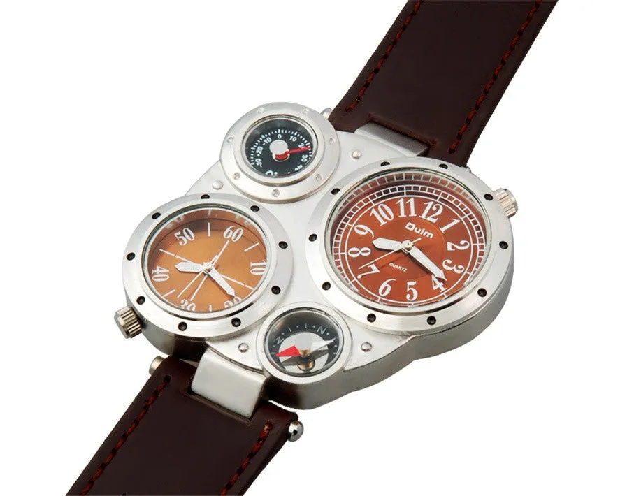 Fashion Oulm sports military Multi-Function Watch for Men with Black or Brown Round DIAL Dual Movt Leather strap