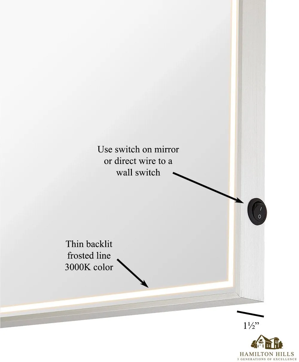 Hamilton Hills Brushed Metal Mirror with Lights | Lighted Backlit LED Wall Mirror