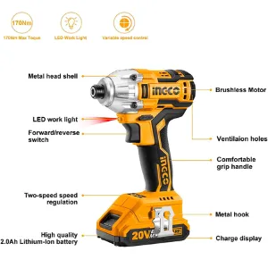 Homdum Cordless Impact driver INGCO 170 Nm power drilling wrench brushless motor Li Cordless 20v Double battery with charging station 6mm hex shank ¼