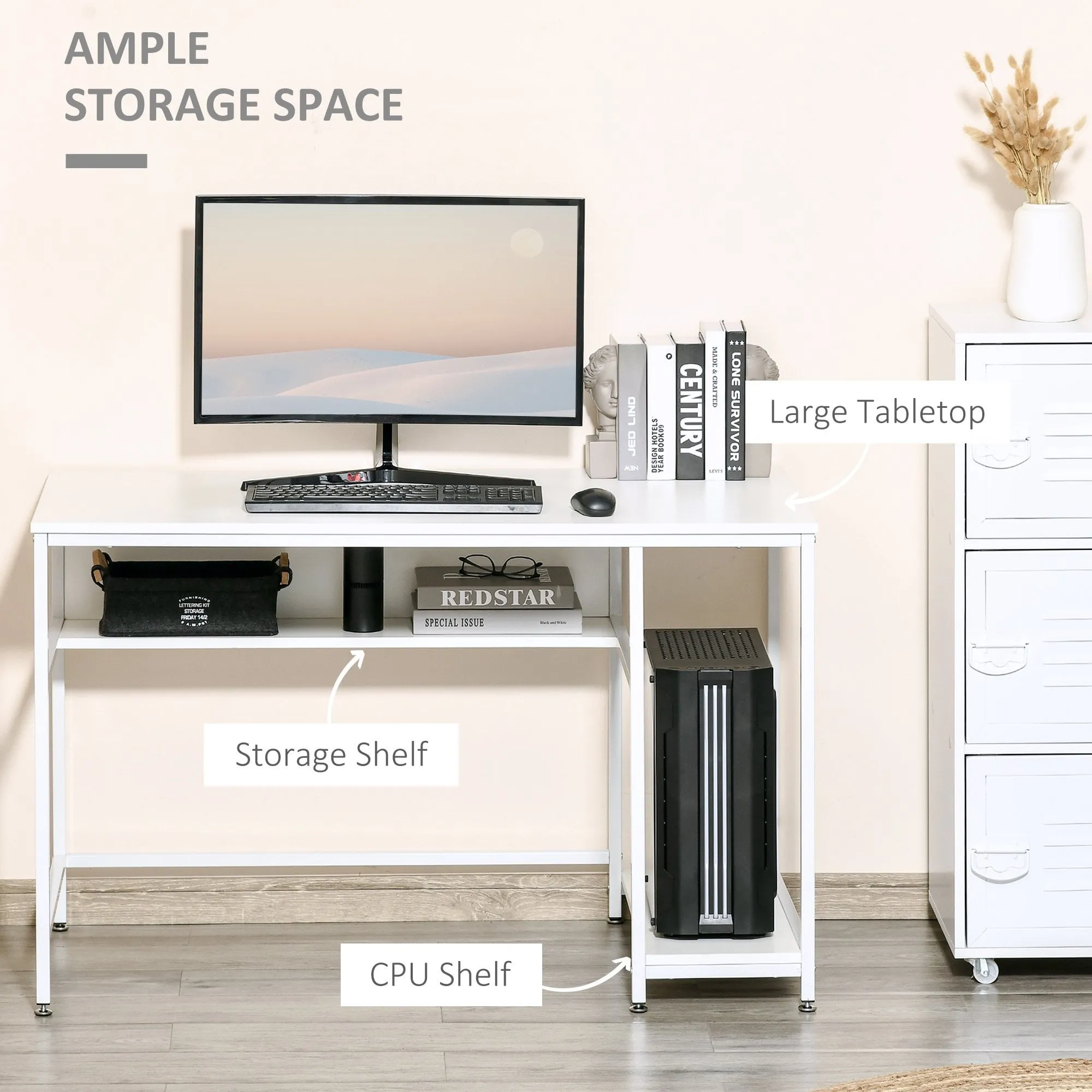 Home Computer Desk Writing Study Table Offcie PC Workstation with Storage Shelf, White w/ Storage