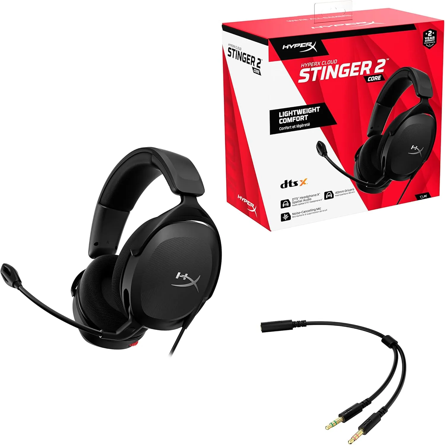 HYPERX Cloud Stinger 2 Core Lightweight Gaming Headset - 40mm Drivers, DTS Headphone Spatial Audio, Rotating Mute Microphone, for PC