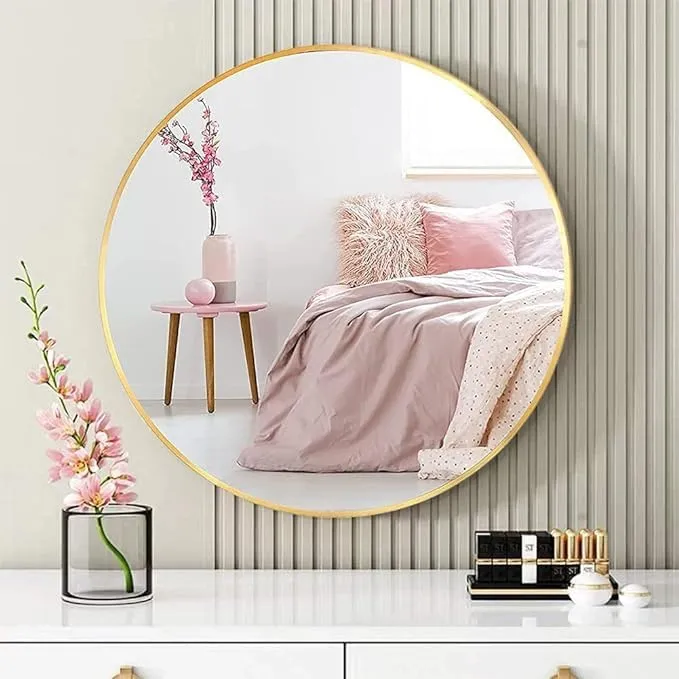 Iron Metal Decorative HD Clear Image Wall Mount Round Wall Mirror with Wall for Bedroom, Home Decor, wash Basin, Vanity, Makeup, Bathroom Framed, Gold(24X24 INCH) (Gold)