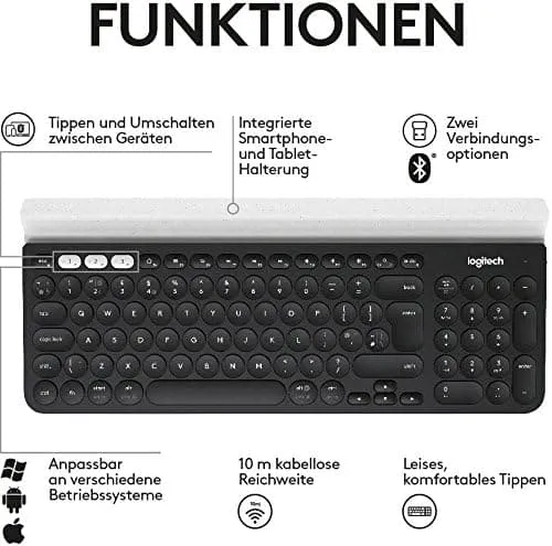 Logitech K780 Multi-Device Wireless Keyboard, QWERTY German Layout - Dark Grey/White