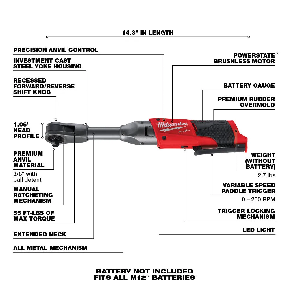 Milwaukee 2560-80 M12 FUEL 3/8" Cordless Extended Reach Ratchet - Bare Tool