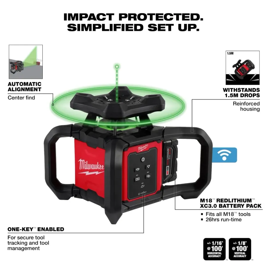 Milwaukee 3702-21 M18™ Green Interior Rotary Laser Level Kit w/ Remote/Receiver & Wall Mount Bracket