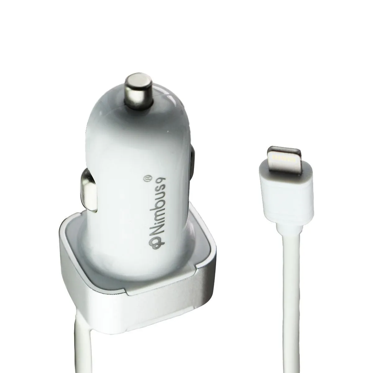 Nimbus9 Car Charger with 8-Pin Connecter Cable (6FT) and USB Port - White/Silver