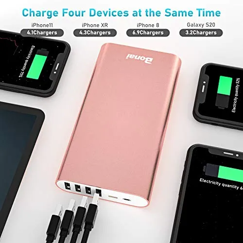 Portable Charger, BONAI 20000mAh Power Bank, 4-Port Output Aluminum Polymer Portable Battery Charger, 4.0A Max Input Compatible with iPhone 11 XR 8 7 6s Galaxy S20 S8 -Rose Gold