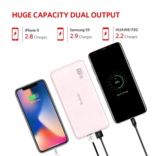 Portable Charger Qualcomm Quick Charge 3.0 Power Bank Yoobao Q12 12000mAh Huge Capacity Fast Charge Ultra Thin External Battery Pack for Samasung S9/S9  iPhoneX/8/8  Huawei Google LG and More (Pink)