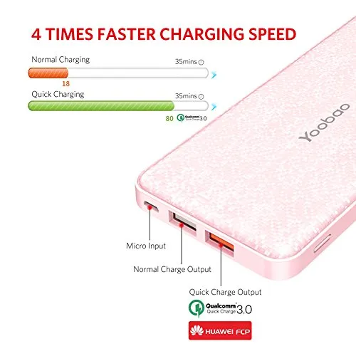 Portable Charger Qualcomm Quick Charge 3.0 Power Bank Yoobao Q12 12000mAh Huge Capacity Fast Charge Ultra Thin External Battery Pack for Samasung S9/S9  iPhoneX/8/8  Huawei Google LG and More (Pink)