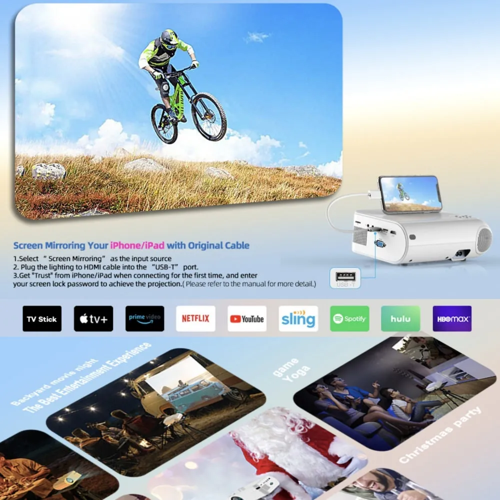 Portable Full HD 1080P Supported Movie Projector Compatible with Phone, HDMI, VGA, AV, USB, TF