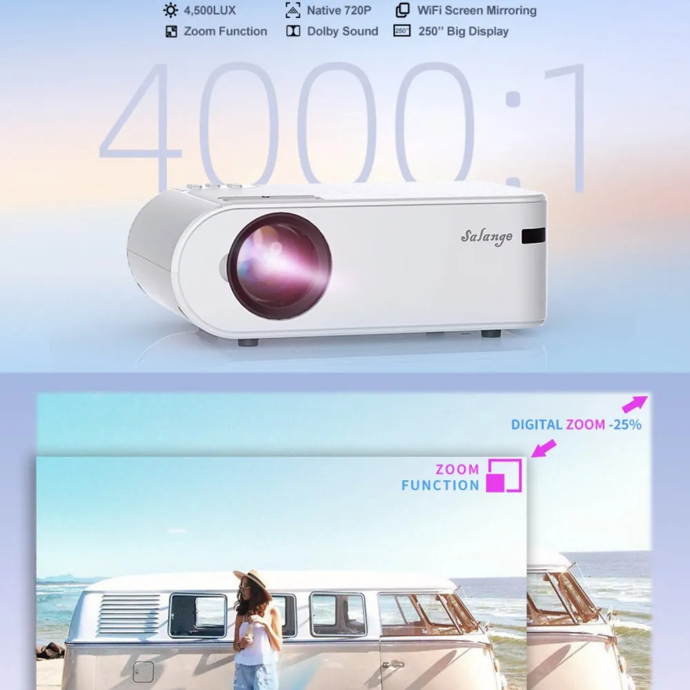 Portable Full HD 1080P Supported Movie Projector Compatible with Phone, HDMI, VGA, AV, USB, TF