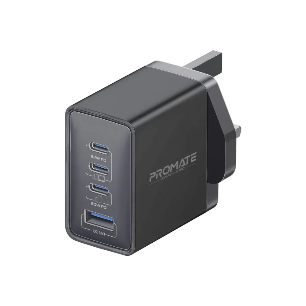 Promate GaNPort4-67PD 67W Power Delivery GaNFast™ Charger with Quick Charge 3.0