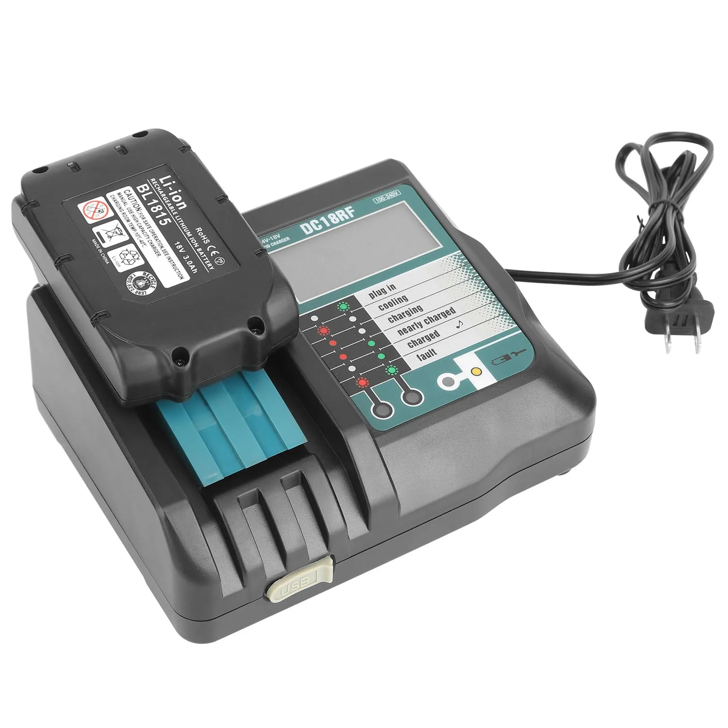 Rapid Charger Replacement Fit for Makita 14.4-18V Battery BL1860 BL1830 BL1850 with
LCD Display USB Port