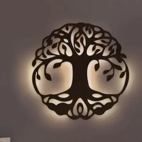 Round Shape Tree Of Life Wooden Brown Led Backlit For Home & Office Decor