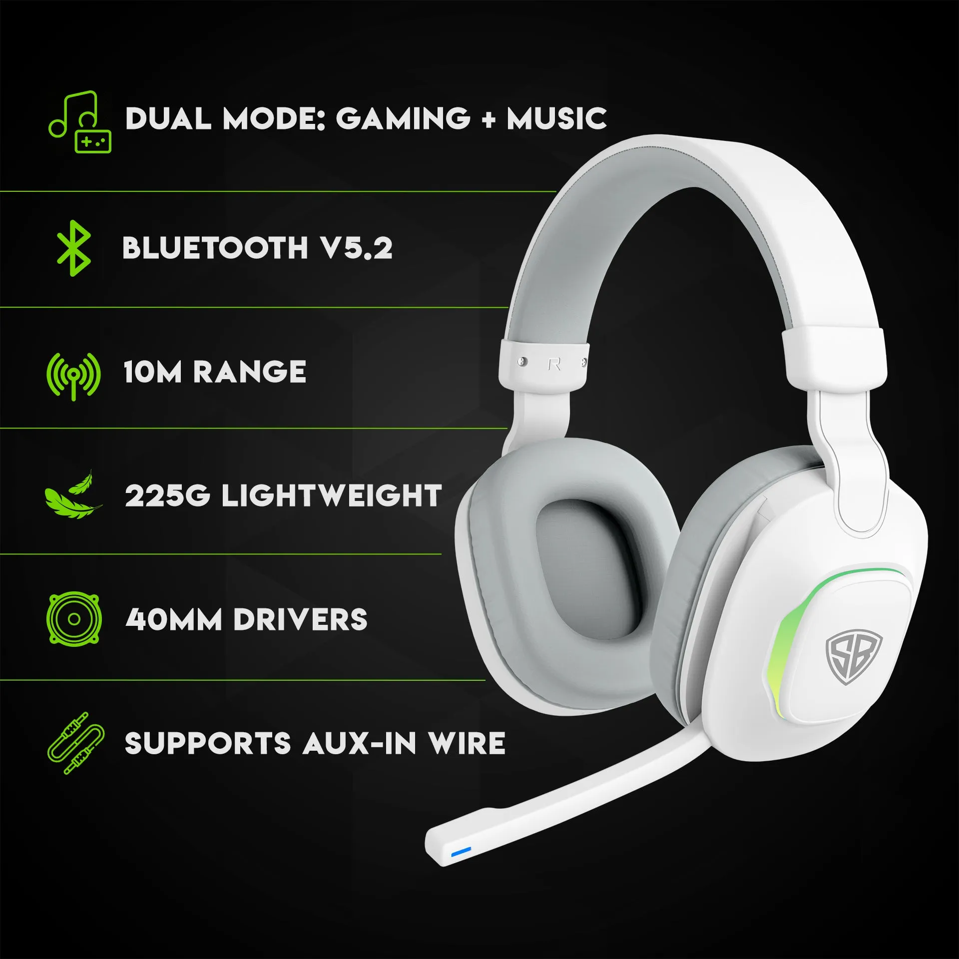 SpinBot Ranger HX300 Wireless Bluetooth Low Latency Gaming Headphones (White)