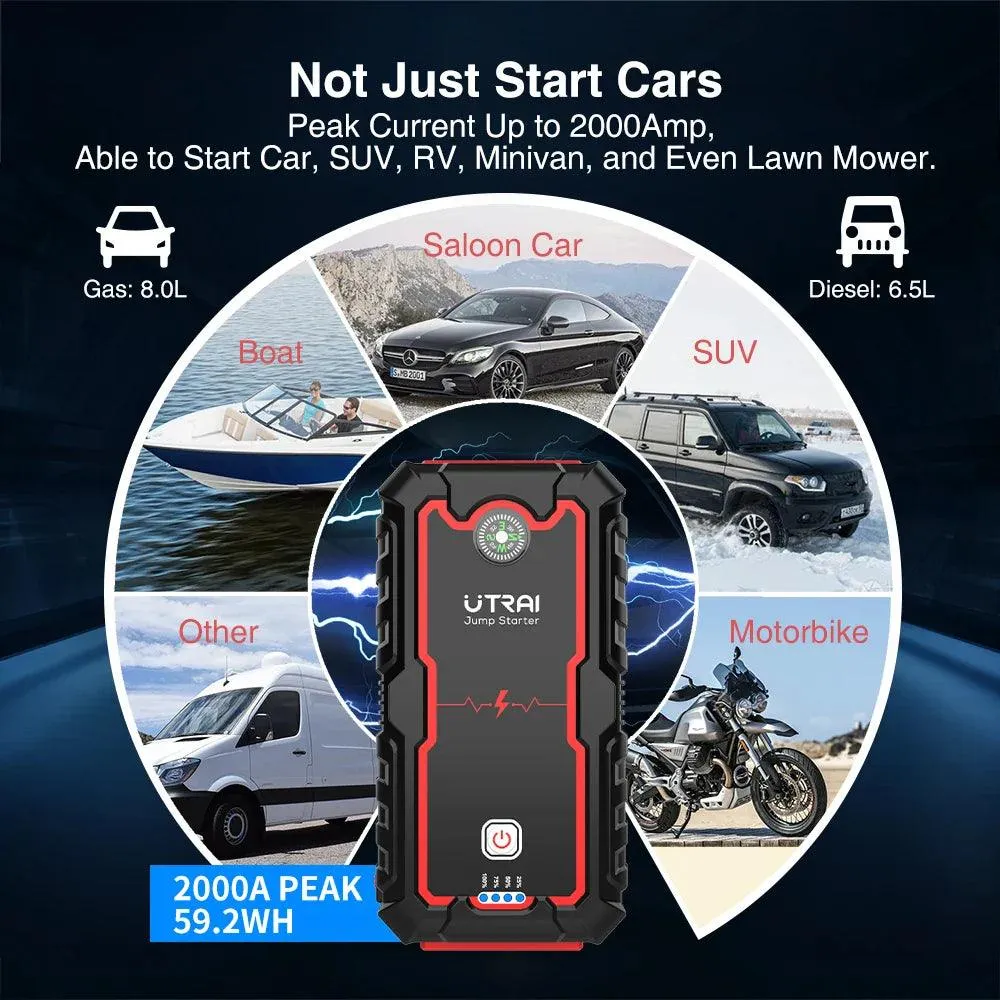 UTRAI 2000A Portable Car Jump Starter and Power Bank for Emergency Battery Boosting