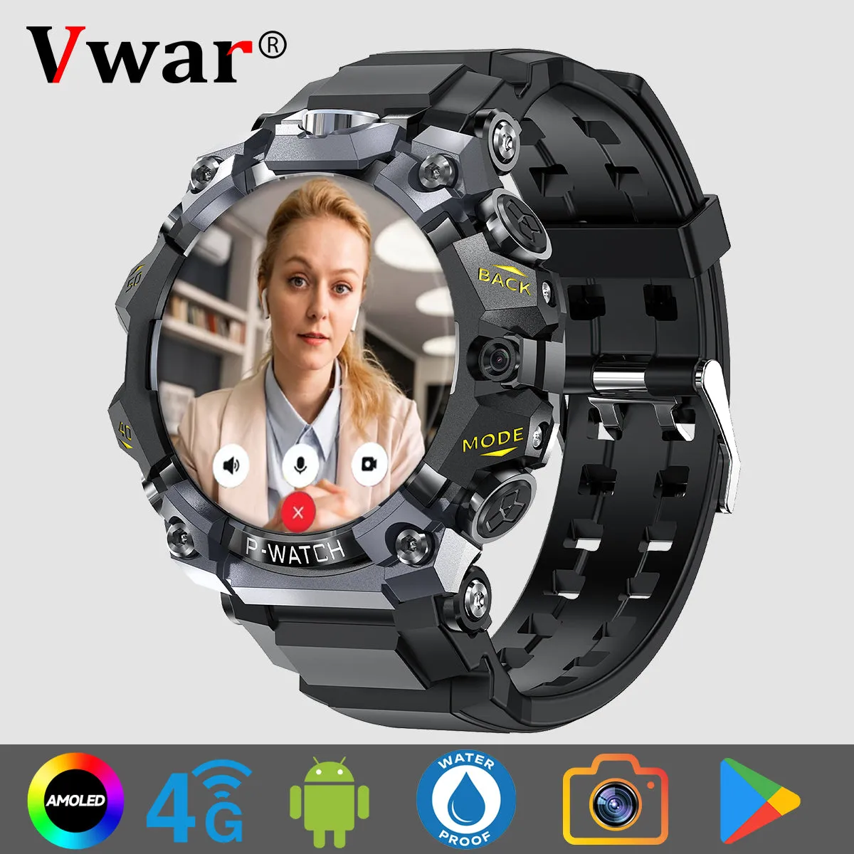 VWAR Watch Series-P Military Smart Watch| 4G LTE Android System| 4GB RAM 64GB ROM| IP68 Waterproof| Dual Camera