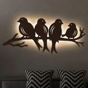 Wooden Birds On Branch Wall Decorative Led Backlit For Home & Office Decor