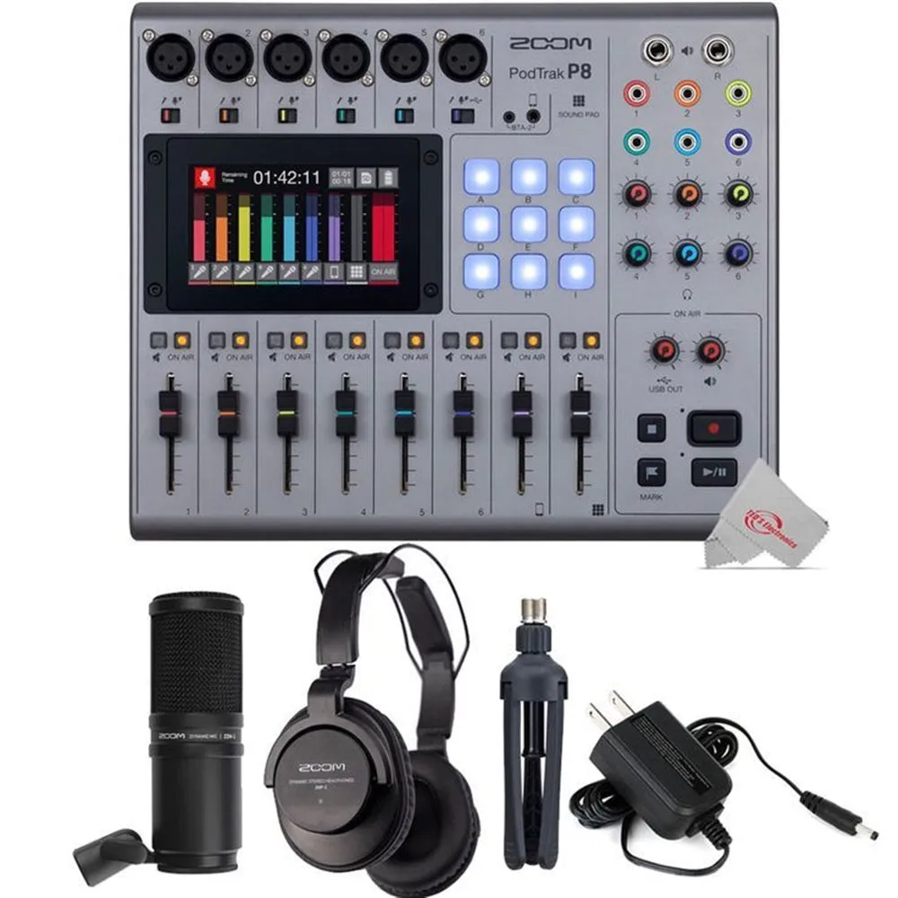 Zoom PodTrak P8 Portable Multitrack Podcast Recorder   Zoom ZDM-1 Podcast Mic Pack Accessory Bundle With Microphone, Headphones, Tripod, Windscreen & Cable